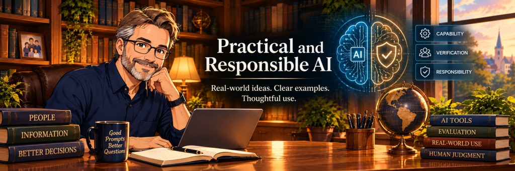 Illustrated banner for Practical and Responsible AI, showing a man seated in a warm library with a laptop, books, a globe, and symbols representing artificial intelligence, verification, and responsible use.