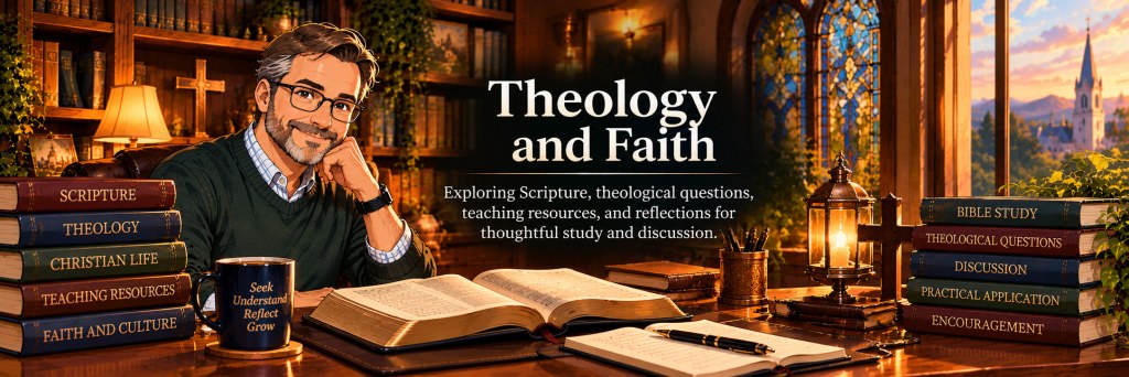 Theology and Faith — illustrated banner featuring a man studying in a warm library, with an open Bible, books, and a stained-glass window.